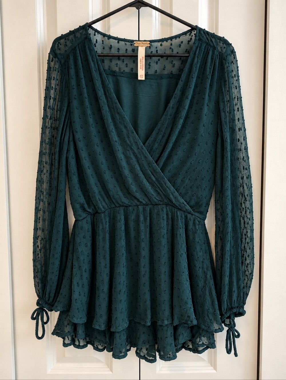 Free People Dahlia Swiss Dot Mini Dress XS Dark Jade Green Boho